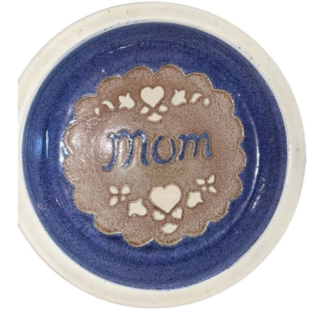 Vintage Blue Glazed "MOM" Artist Signed Round Stoneware Pie Plate / Dish